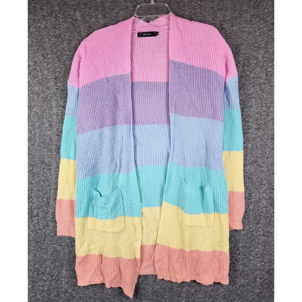 ZESICA Cardigan Women L Multicolor Stripe Open Front Longline Chunky Knit EUC